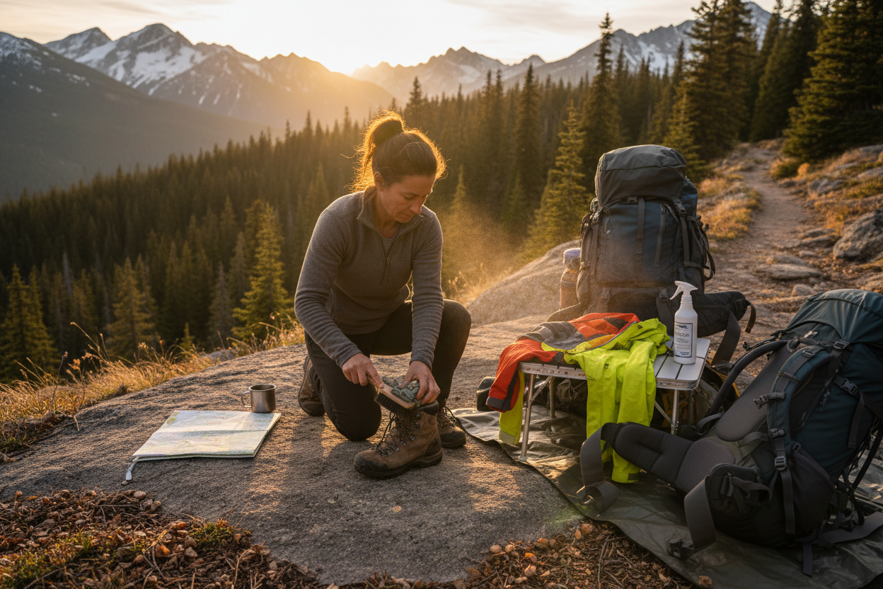 Female hiker performing maintenance on gear