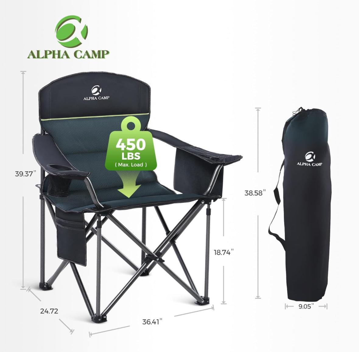 ALPHA CAMP Oversized Heavy Duty Lawn Chair with Cooler Bag Support 450 LBS Steel Frame Camping Folding Collapsible Padded Quad Lumbar Back Arm Chair f